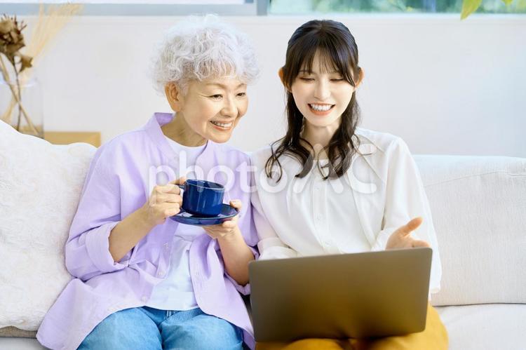 嫁と姑　仲良し　ノートパソコン　リビング 親子,家族,シニアの写真素材