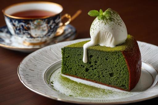 抹茶ケーキと紅茶-2 抹茶ケーキと紅茶-2の写真