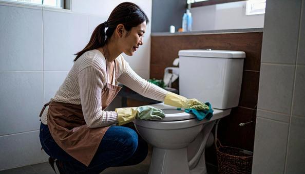 トイレ清掃する日本人女性 拭き掃除 トイレ清掃する日本人女性 拭き掃除の写真