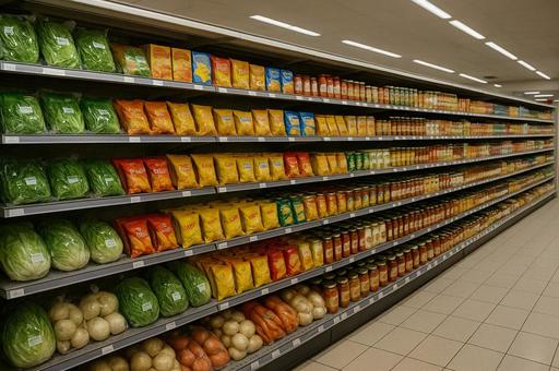 スーパーの食品棚と商品 スーパーの食品棚と商品の写真