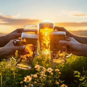 Beer mugs toasting in the sunset, beer, cheers, summer, JPG