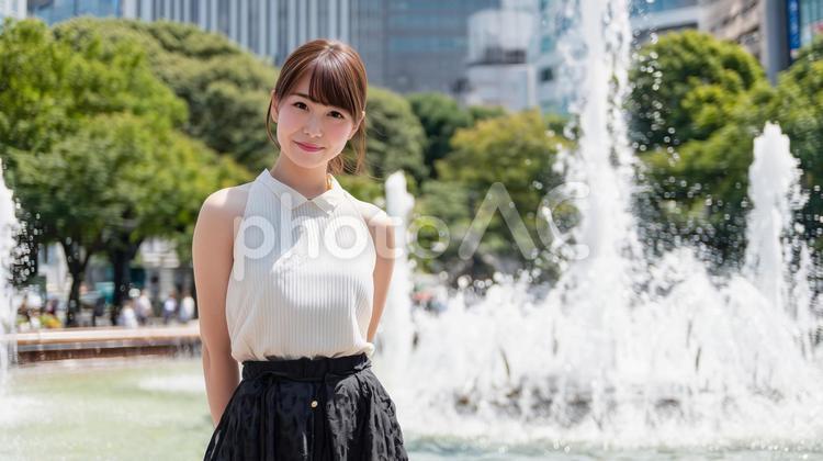 公園の噴水前に立つ女性 女性,噴水,水の写真素材