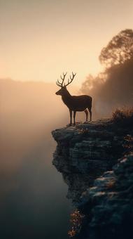 夕暮れの山に立つ鹿のシルエット 夕暮れの山に立つ鹿のシルエットの写真