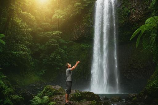 滝の前で両手を広げる男性のシルエットの写真