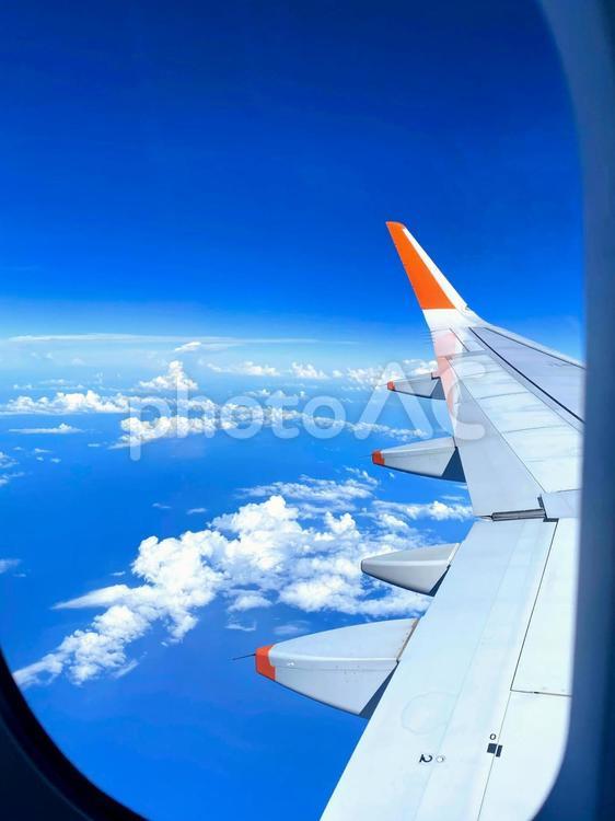 飛行機の窓から見える水平線と翼 飛行機,青空,雲の写真素材