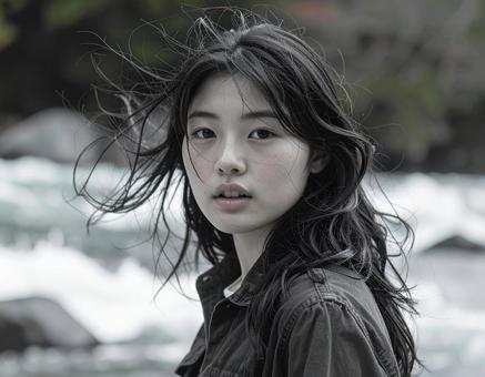 川辺で風に吹かれる女性 川辺で風に吹かれる女性の写真