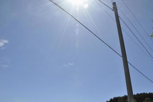 Rural power pole, telegraph pole, wire, blue sky, JPG