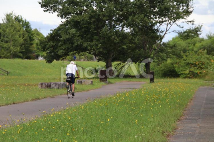堤防沿いをサイクリングする人のイメージ サイクリング,自転車,イメージの写真素材