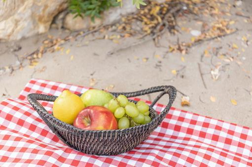 バスケットに入ったフルーツ バスケット,フルーツ,ぶどうの写真素材