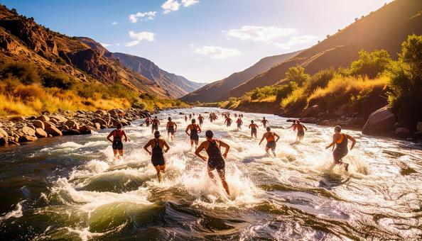 トライアスロン　一斉に水に飛び込む選手の写真