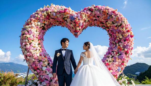 ハート形の花のアーチの前の新郎新婦 ハート形の花のアーチの前の新郎新婦の写真