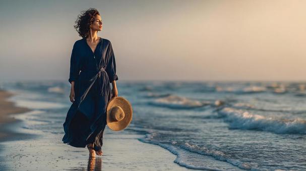 麦わら帽子を手に、穏やかな海辺を歩く女性 麦わら帽子を手に、穏やかな海辺を歩く女性の写真