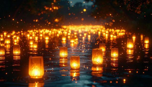 闇夜に浮かぶ幻想的な灯篭流し 闇夜に浮かぶ幻想的な灯篭流しの写真