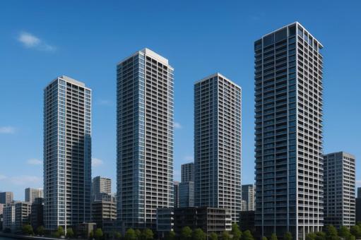 都心のタワーマンションと青空 都心のタワーマンションと青空の写真