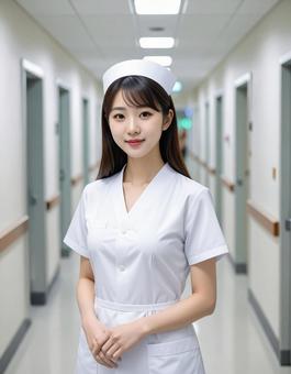 病院の廊下に立っている看護婦 病院の廊下に立っている看護婦の写真