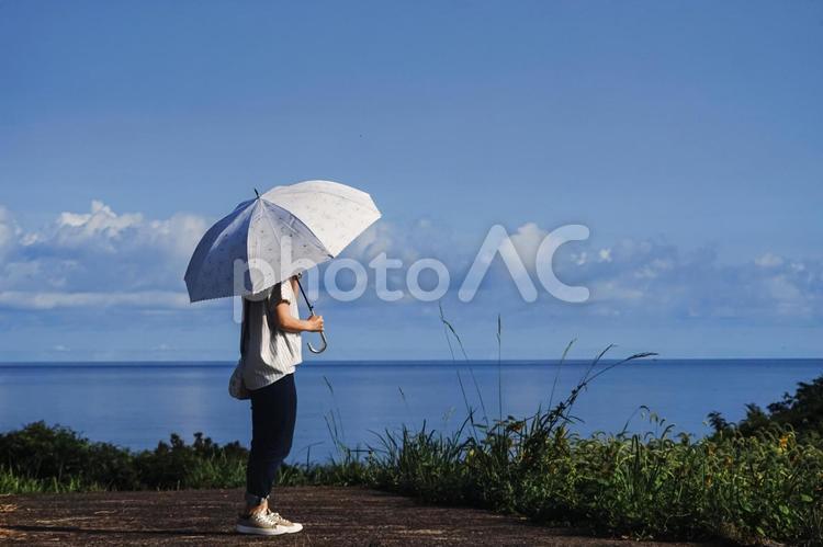 ＜素材＞夏の海を眺める日傘の女性の後ろ姿 女性,人物,夏の写真素材