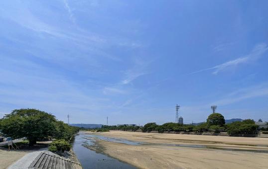 Photo, aosha river, imabari city, blue sky, 