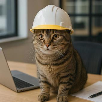 オフィスでヘルメットを被った猫の写真