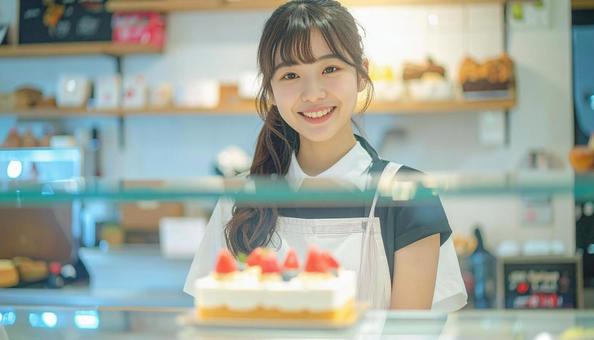 ケーキを陳列しているアルバイトをする女性の写真