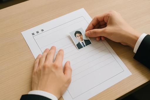 履歴書に証明写真貼る就活生 履歴書に証明写真貼る就活生の写真