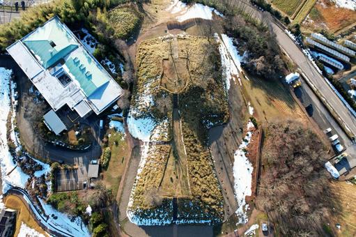 Aerial view of Yanagida Nunoyama Tomb in Himi in winter, JPG