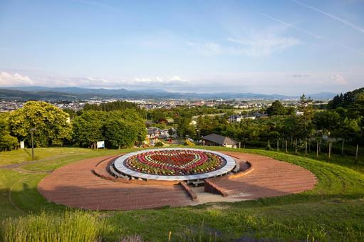 ハートの形の花壇と弘前市街 ラベンダー,ハート,花壇の写真素材
