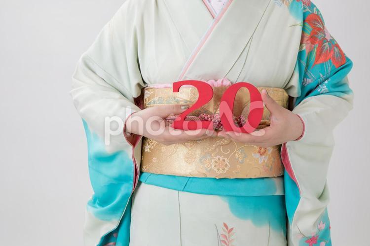 20を持った振袖の女性 成人式,着物,新成人の写真素材