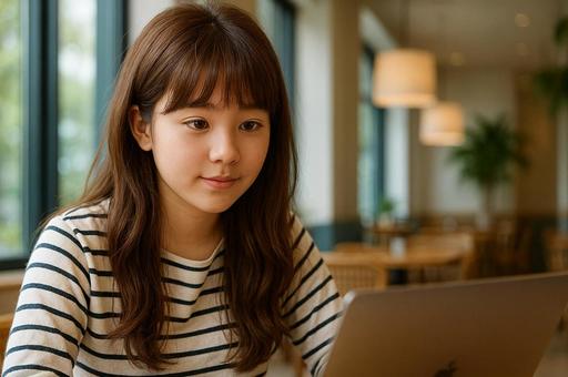 パソコンを見つめる女性の写真