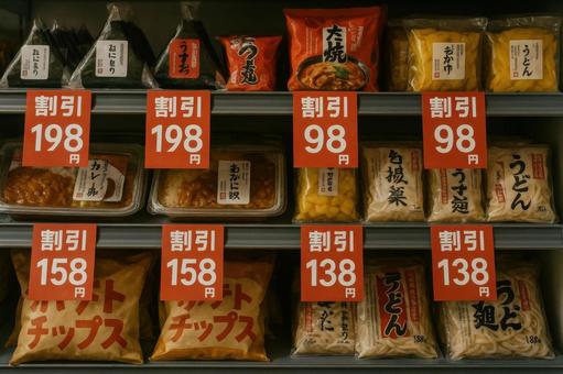 セール価格の食料品陳列 セール価格の食料品陳列の写真