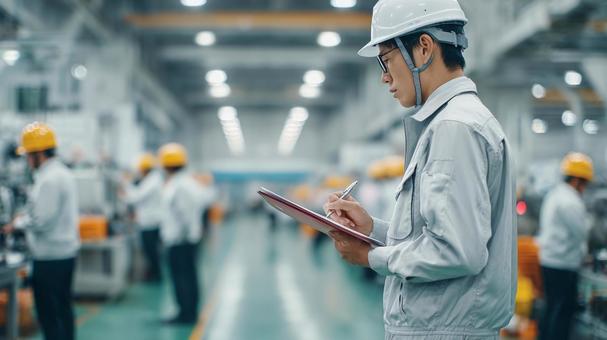 工場内で安全確認を行う日本人作業員の写真