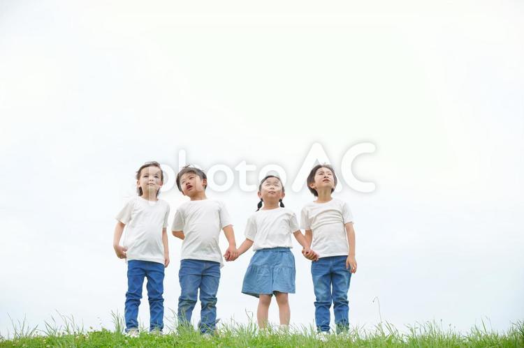 土手で遠くを見る小学生4人 男の子,女の子,遠くの写真素材