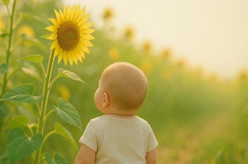 ひまわり畑と赤ちゃん ひまわり畑と赤ちゃんの写真