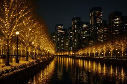都会の河川沿いのイルミネーションの写真