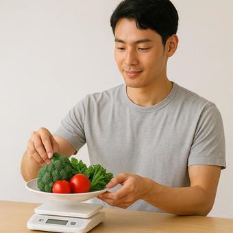 食事管理する男性 食事管理する男性の写真
