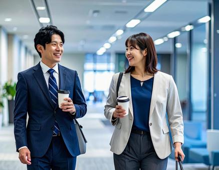 オフィスの廊下で談笑するビジネスパーソンの写真