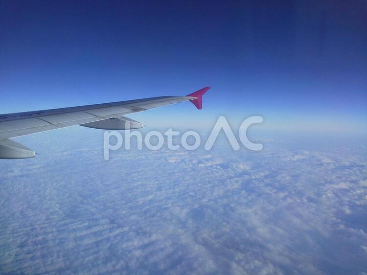 雲を見下ろして 飛行機,翼,右翼の写真素材