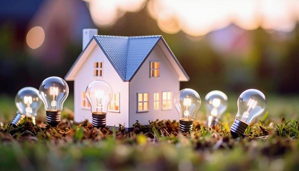 省エネのイメージ　電球とミニチュアの家の写真