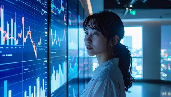 ディルプレイのチャートの前に立つ女性社員の写真