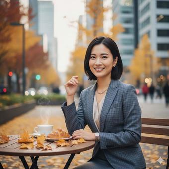 秋　屋外カフェテラスで微笑む女性の写真