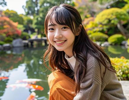 秋・日本庭園の彼女の写真