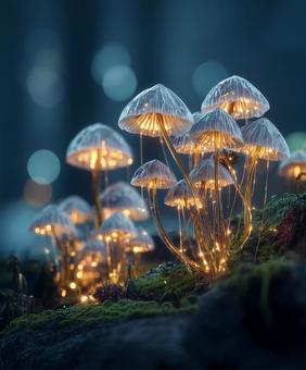 苔に囲まれた夜の光るキノコ 苔に囲まれた夜の光るキノコの写真