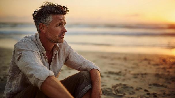 光に包まれたビーチの男性ポートレート 光に包まれたビーチの男性ポートレートの写真