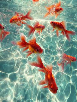 水面に映る美しい赤い魚の群れ 水面に映る美しい赤い魚の群れの写真