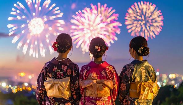 花火大会の浴衣姿の女性3人の後ろ姿A 花火大会の浴衣姿の女性3人の後ろ姿Aの写真