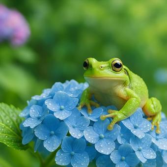 紫陽花の花に佇むカエル 紫陽花の花に佇むカエルの写真