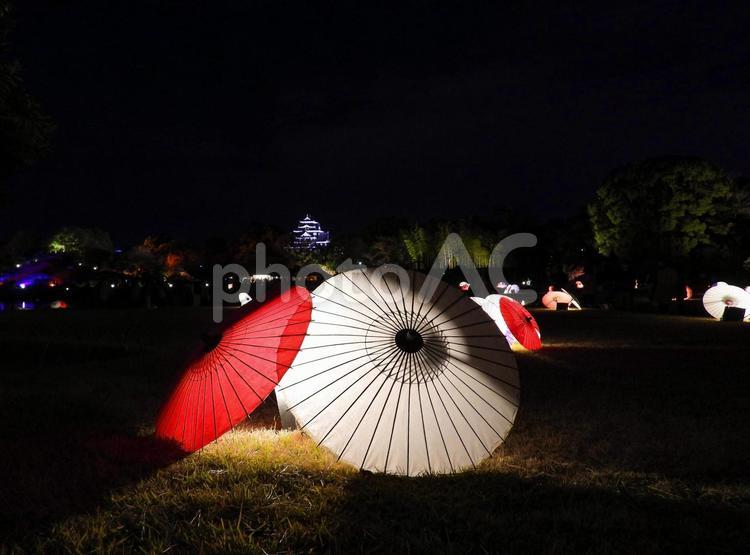 ライトアップされた和傘〜岡山後楽園 和傘,ライトアップ,夜の写真素材