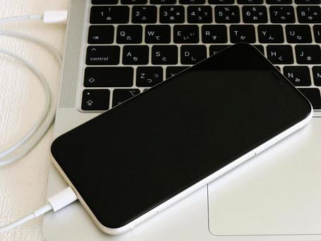 パソコンに繋がれたスマホ 同期 転送 パソコンに繋がれたスマホ 同期 転送 ビジネスイメージ,バックアップ,同期の写真素材