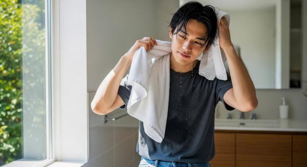 濡れた髪をタオルで拭く男性 濡れた髪をタオルで拭く男性の写真