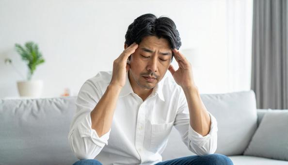 ソファに座って頭を抱えるミドル男性の写真