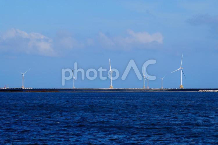 洋上風力発電機の並ぶ海の風景 海,晴れ,風力発電の写真素材